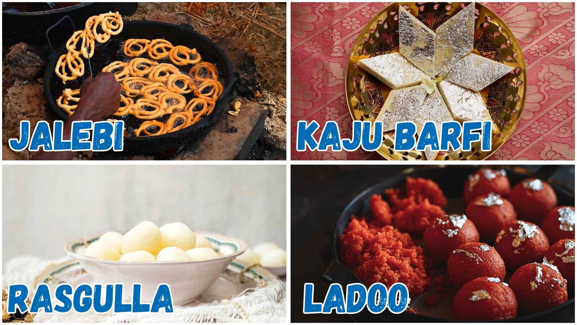 Indian mithai desserts like jalebi, laddoo and other sweet treats