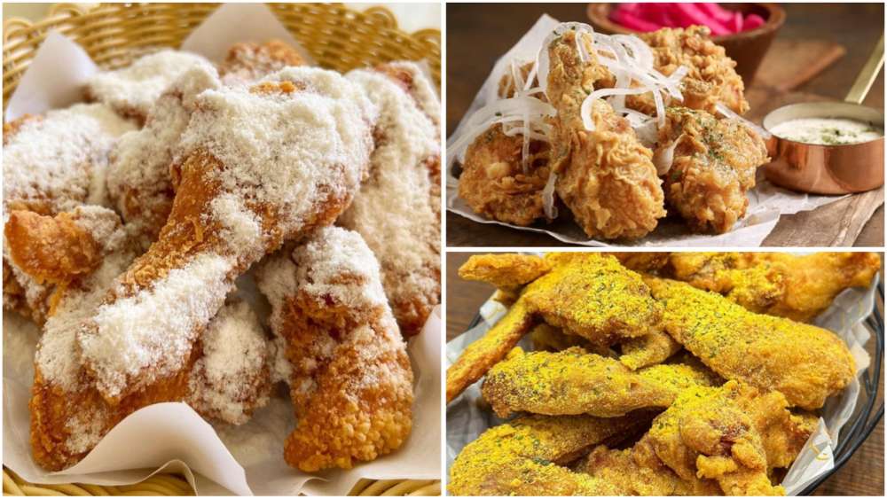 Fried chicken in Singapore, doused in cheese powder or dipped in creamy onion tartar.