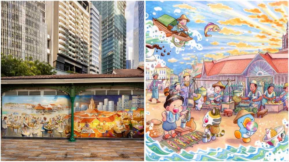 Heading to Lau Pa Sat? Check out Yip Yew Chong's 10m-long mural as well as merch featuring illustrations by Ah Guo.