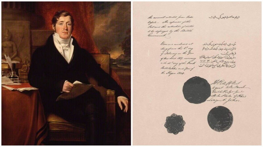 The Treaty of Singapore, written in English and Jawi, was signed by Sir Stamford Raffles, Sultan Hussein Shah of Johor, and Temenggong Abdu’r Rahman in 1819.